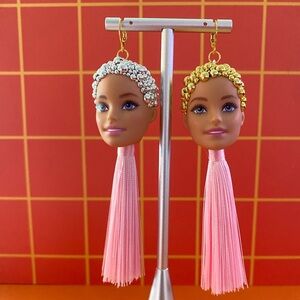 Pink Tassel Retro Earrings with Doll Heads